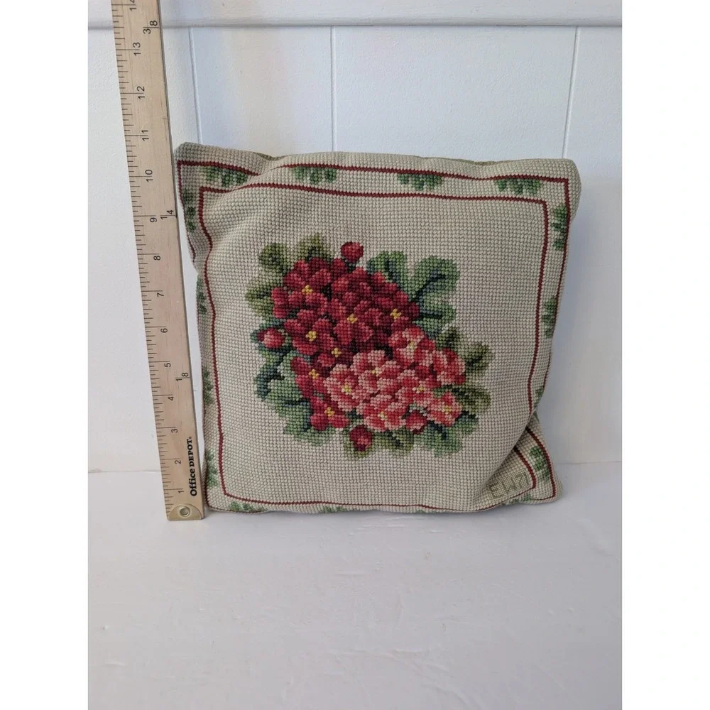 VTG Wool Needlepoint Petit Point Embroidered Floral Pillow Handmade Hydrangea 11